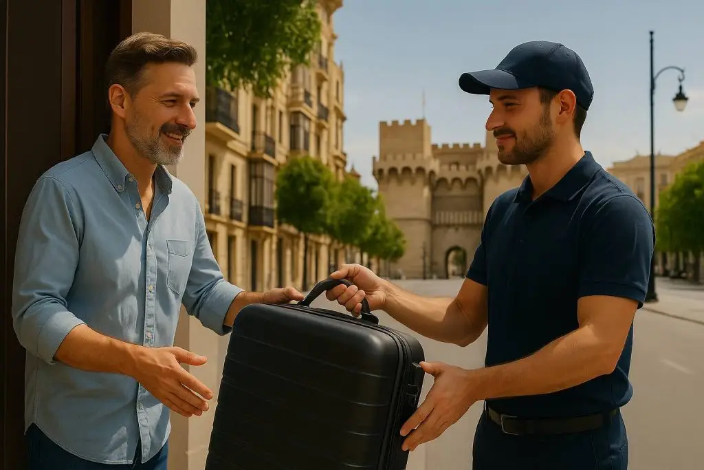 Tralli concierge picking up luggage from hotel in Valencia for secure same-day delivery