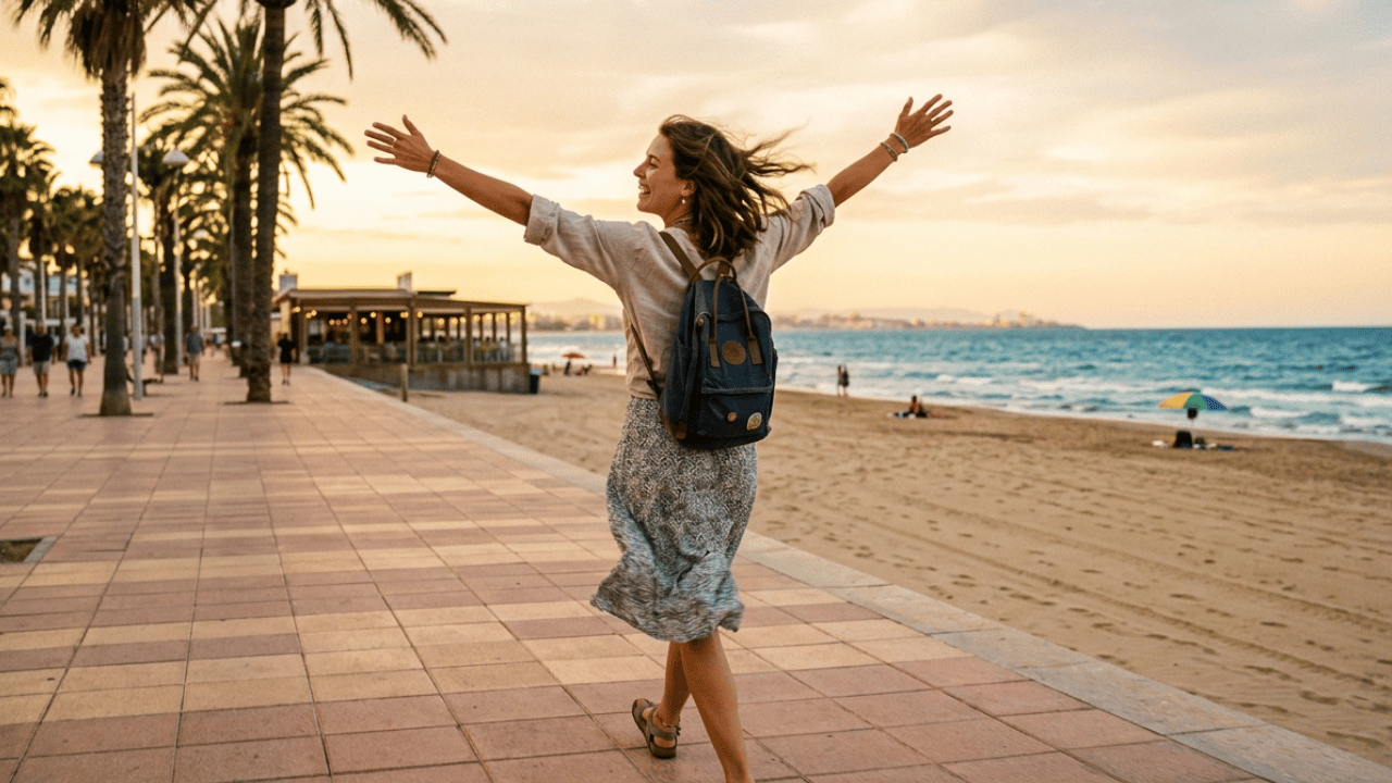 Eine Frau mit weit ausgebreiteten Armen spaziert frei am Strand von Malvarrosa in Valencia entlang, nur mit einem kleinen Rucksack – gepäckloses Reisen in Valencia