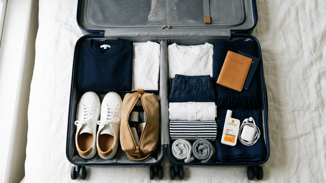 Öffnen Sie einen perfekt gepackten Koffer mit Kleidung, Reisepass, Turnschuhen und Toilettenartikeln – die vollständige Packliste für Reisen