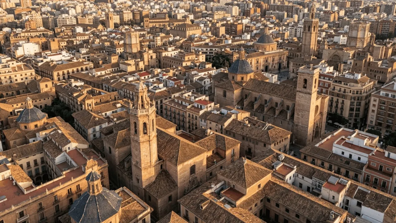 Luftaufnahme der Stadt Valencia mit historischem Zentrum und Stadt der Künste und Wissenschaften – ein umfassender Reiseführer für Valencia